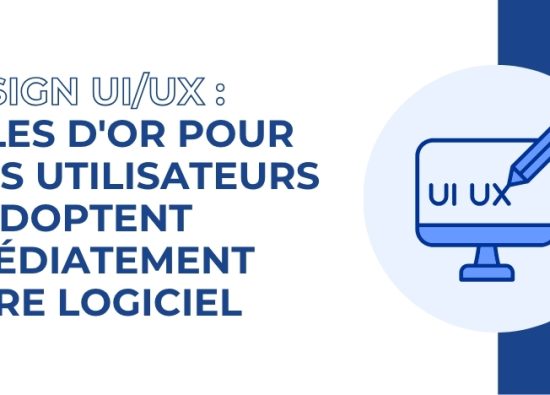 Bannière illustrant les 5 règles d'or du Design UI/UX pour favoriser l'adoption immédiate d'un logiciel par ses utilisateurs, avec un icône d'écran d'ordinateur.