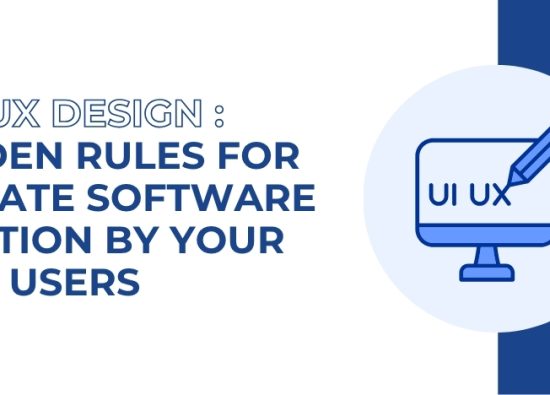 Banner illustrating the 5 golden rules of UI/UX design to promote immediate software adoption by its users, featuring a computer screen icon.